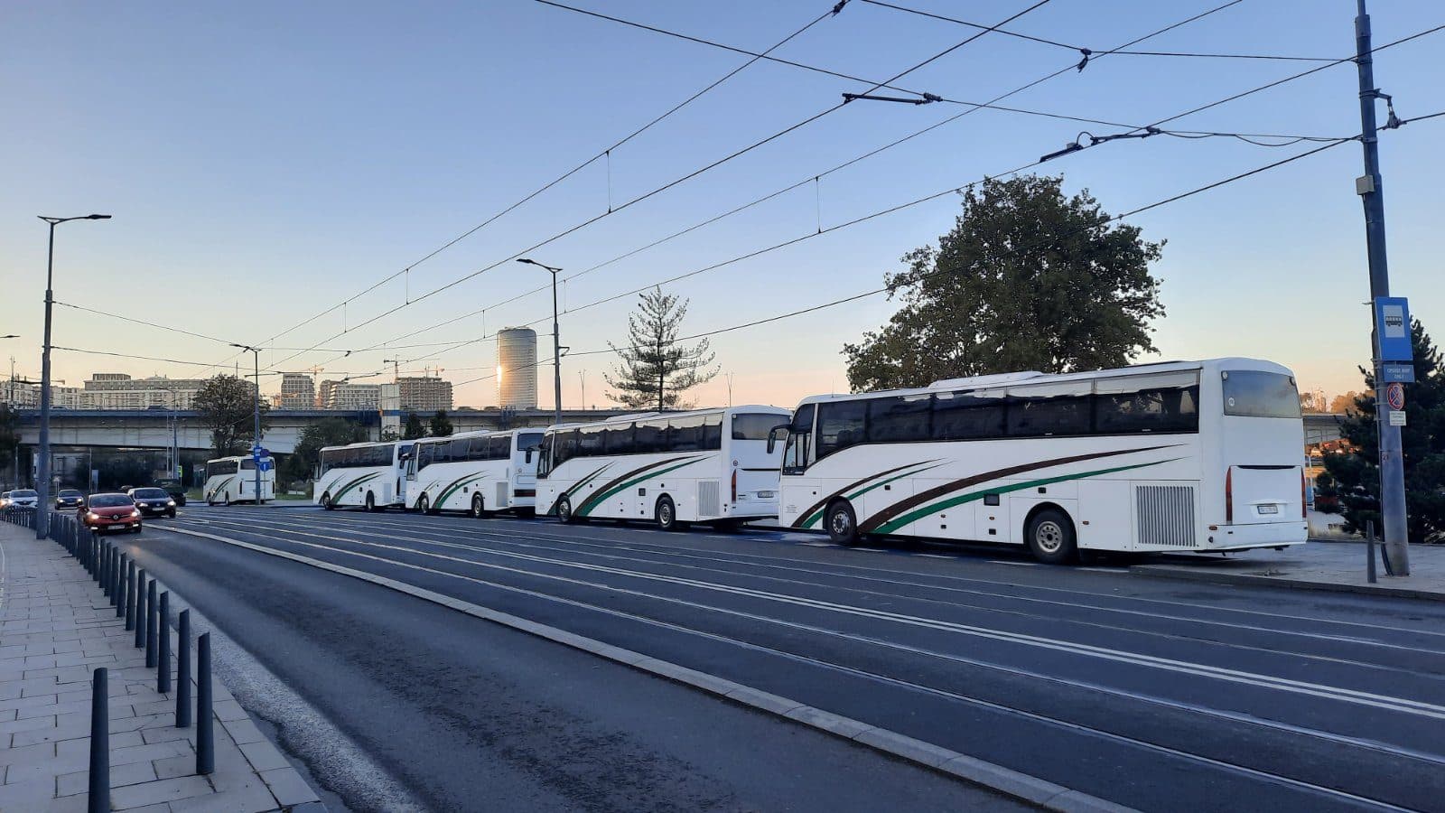 Coaches parked along tram tracks