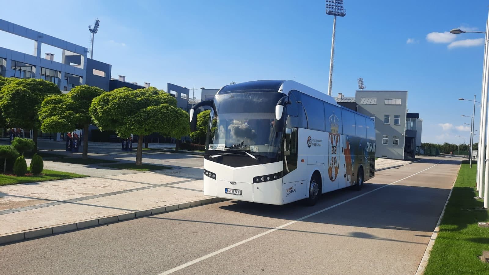 Coach outside a sports arena