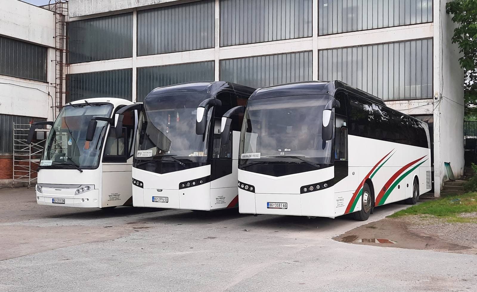 Three BAS PREVOZ coaches parked outside the depot