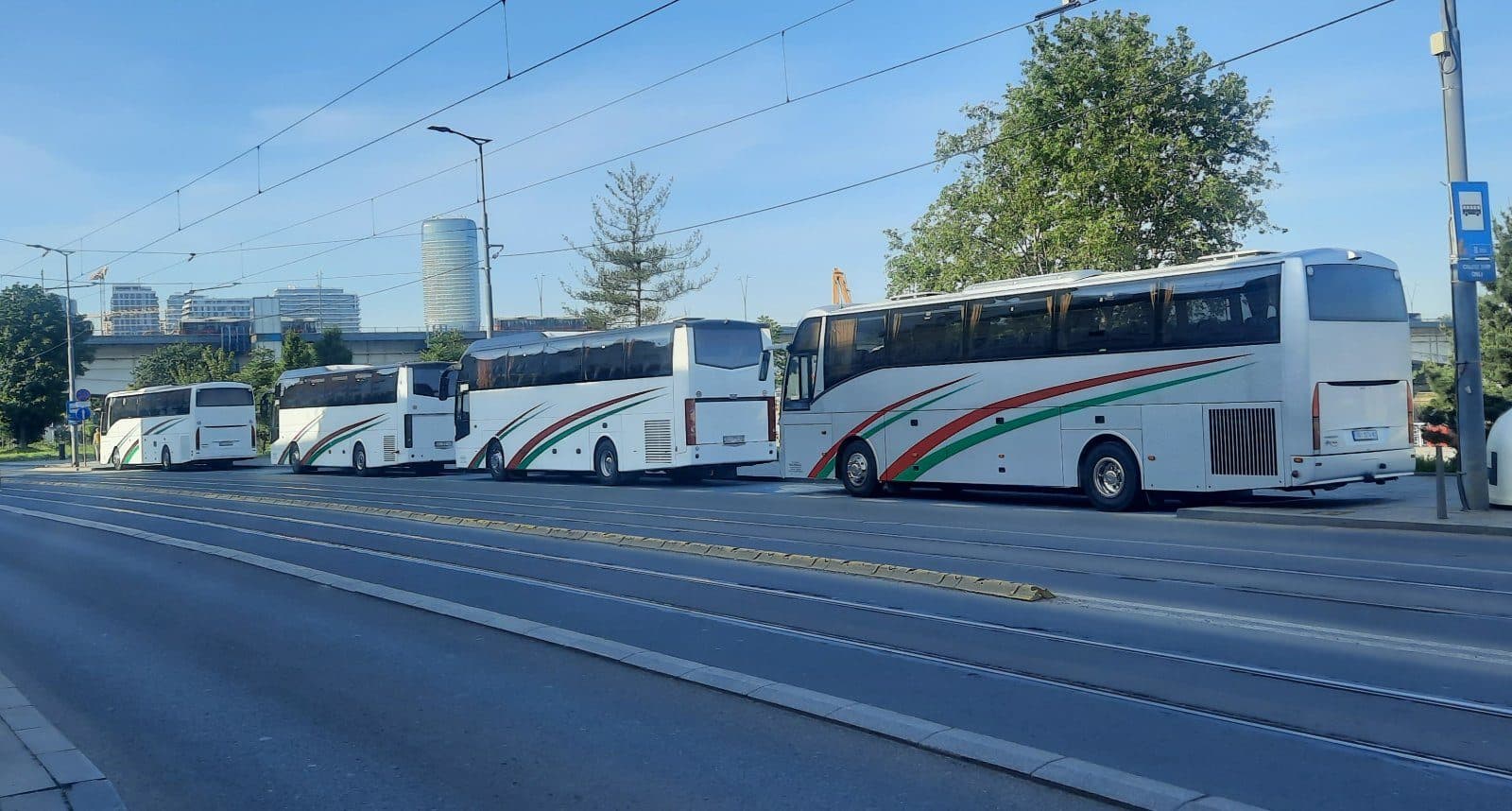 Coaches lined up along a tram line