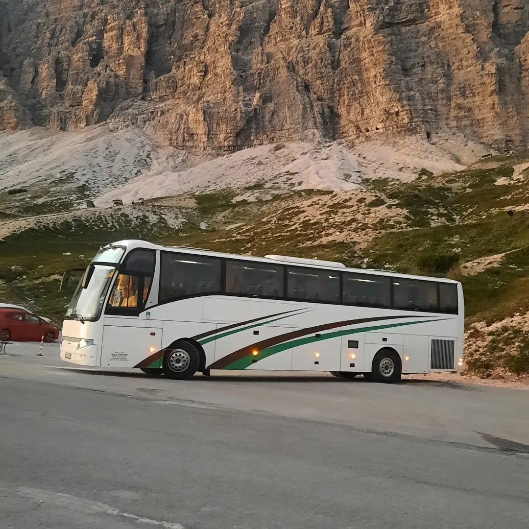 White BAS PREVOZ coach in the Dolomites