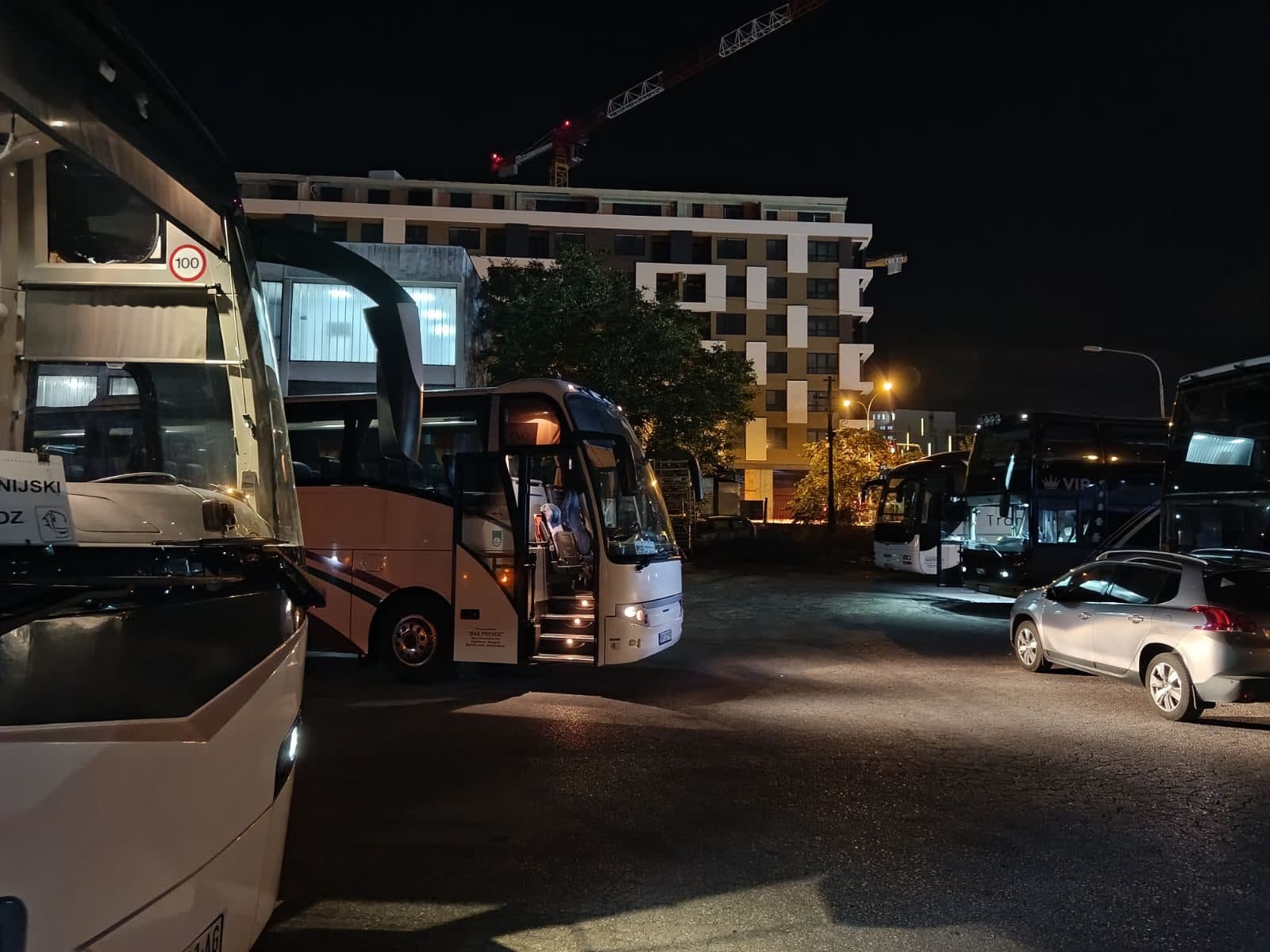 BAS PREVOZ coaches in the depot at night
