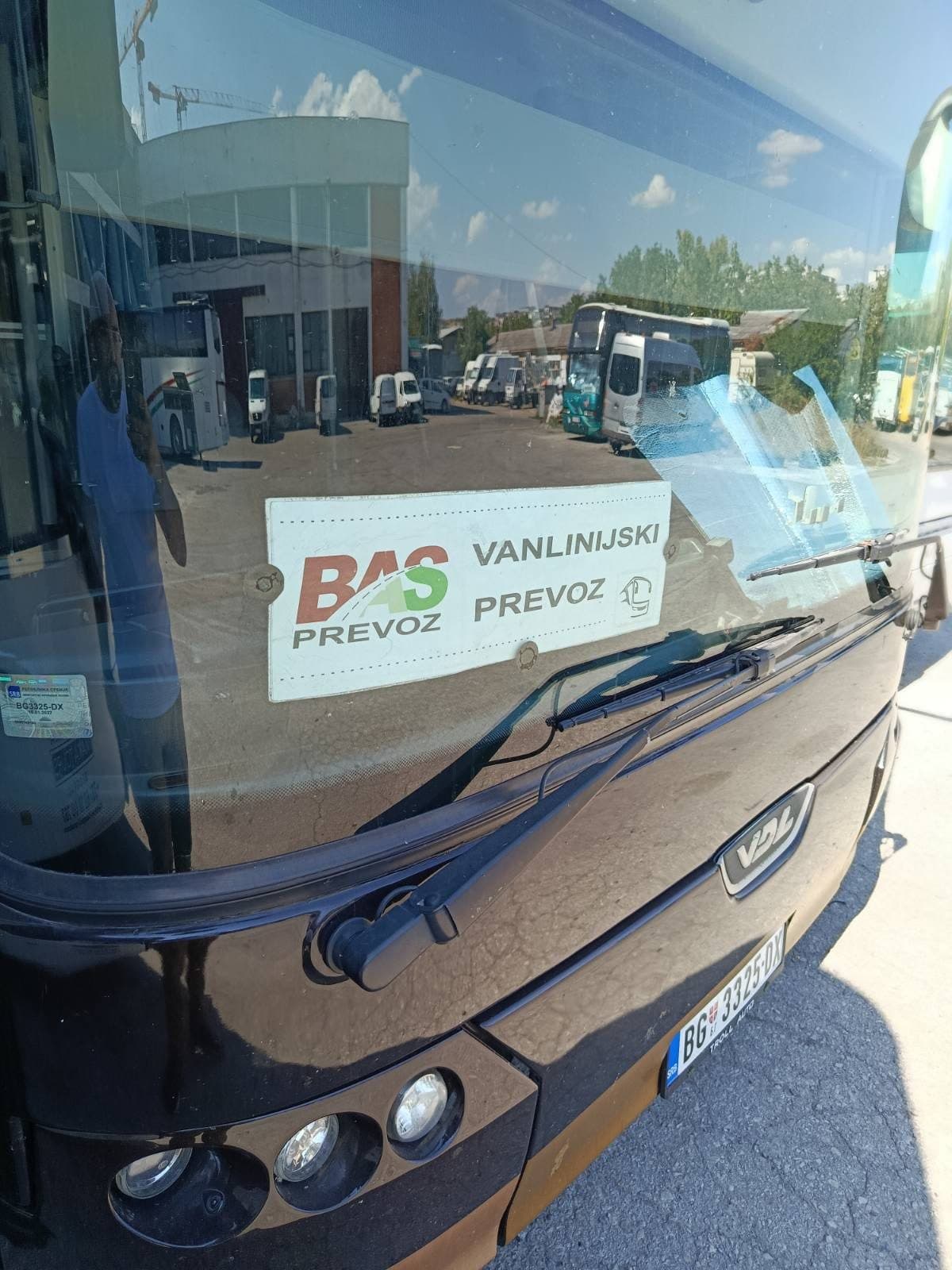 BAS PREVOZ sign on the windscreen of the VIP coach